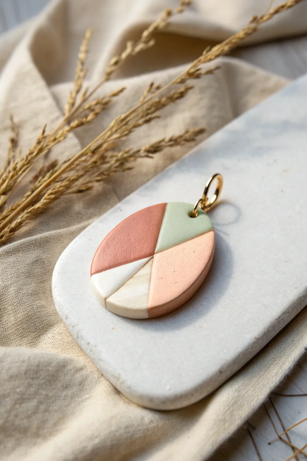 One easy clay pendant featuring swirl, stripe, and checkerboard cane slices in soft boho tones