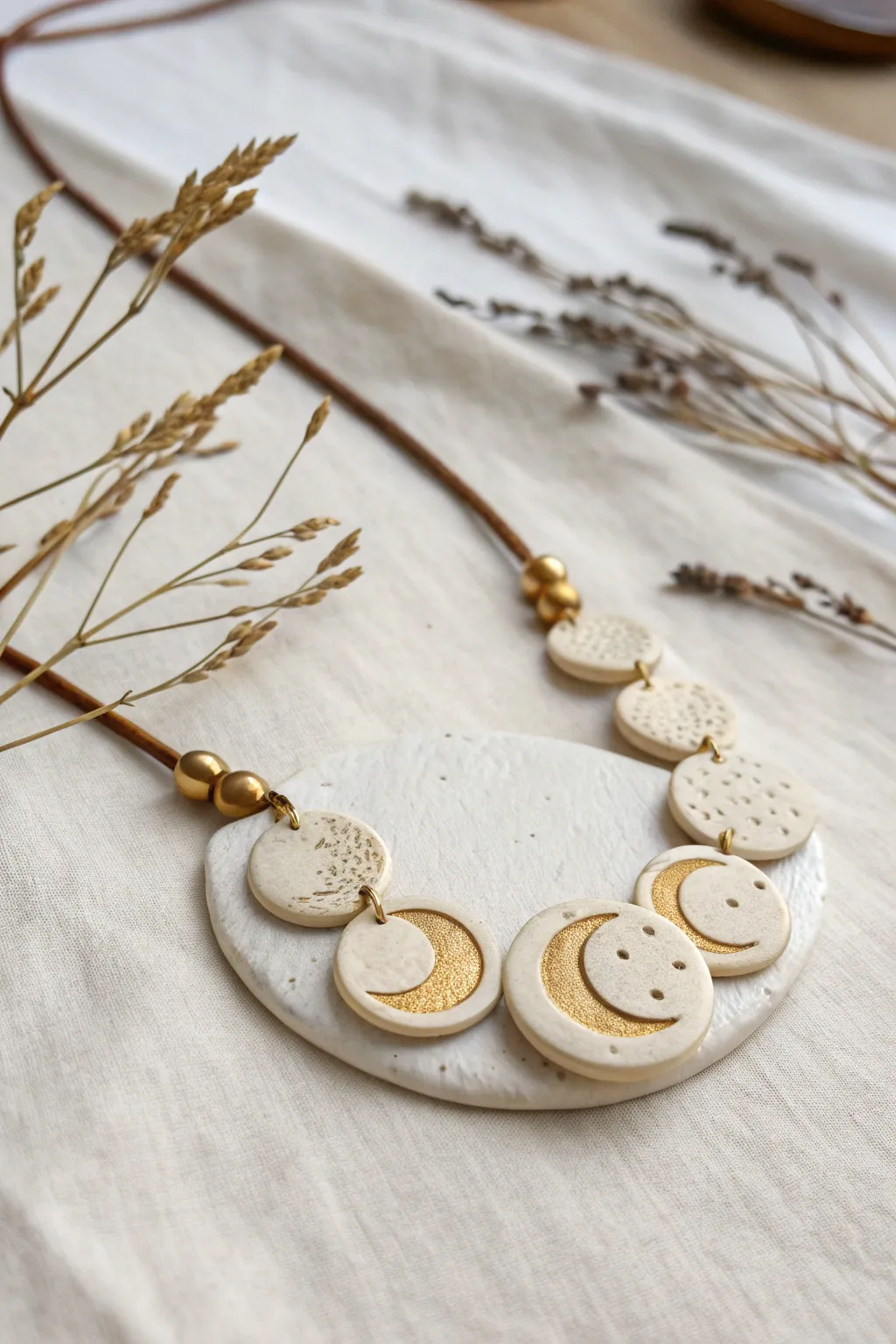 Minimal moon phase clay medallions with soft gold accents, styled as a simple necklace set