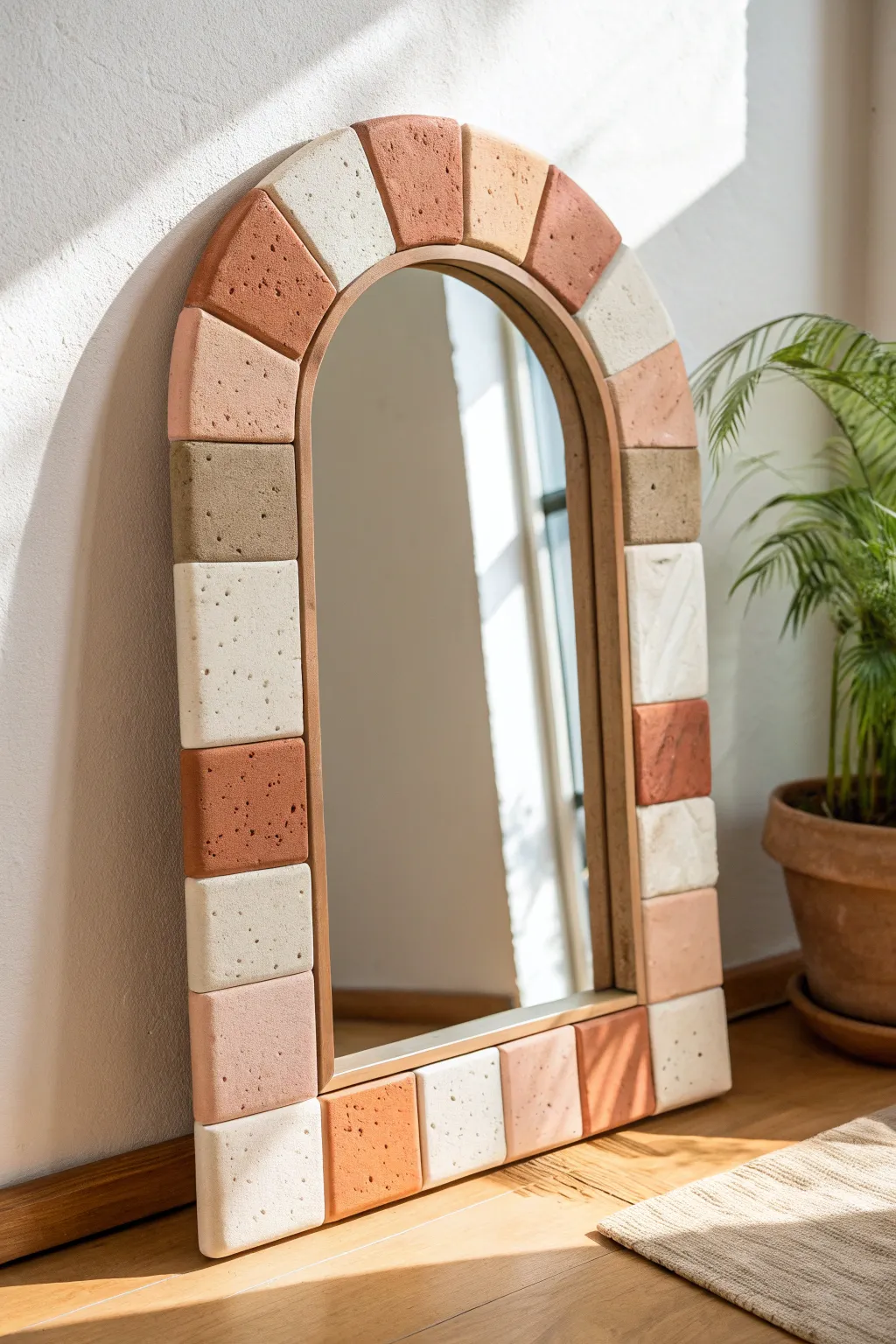 Geometric arch clay mirror frame in soft color blocks, minimalist, handmade, and bold.
