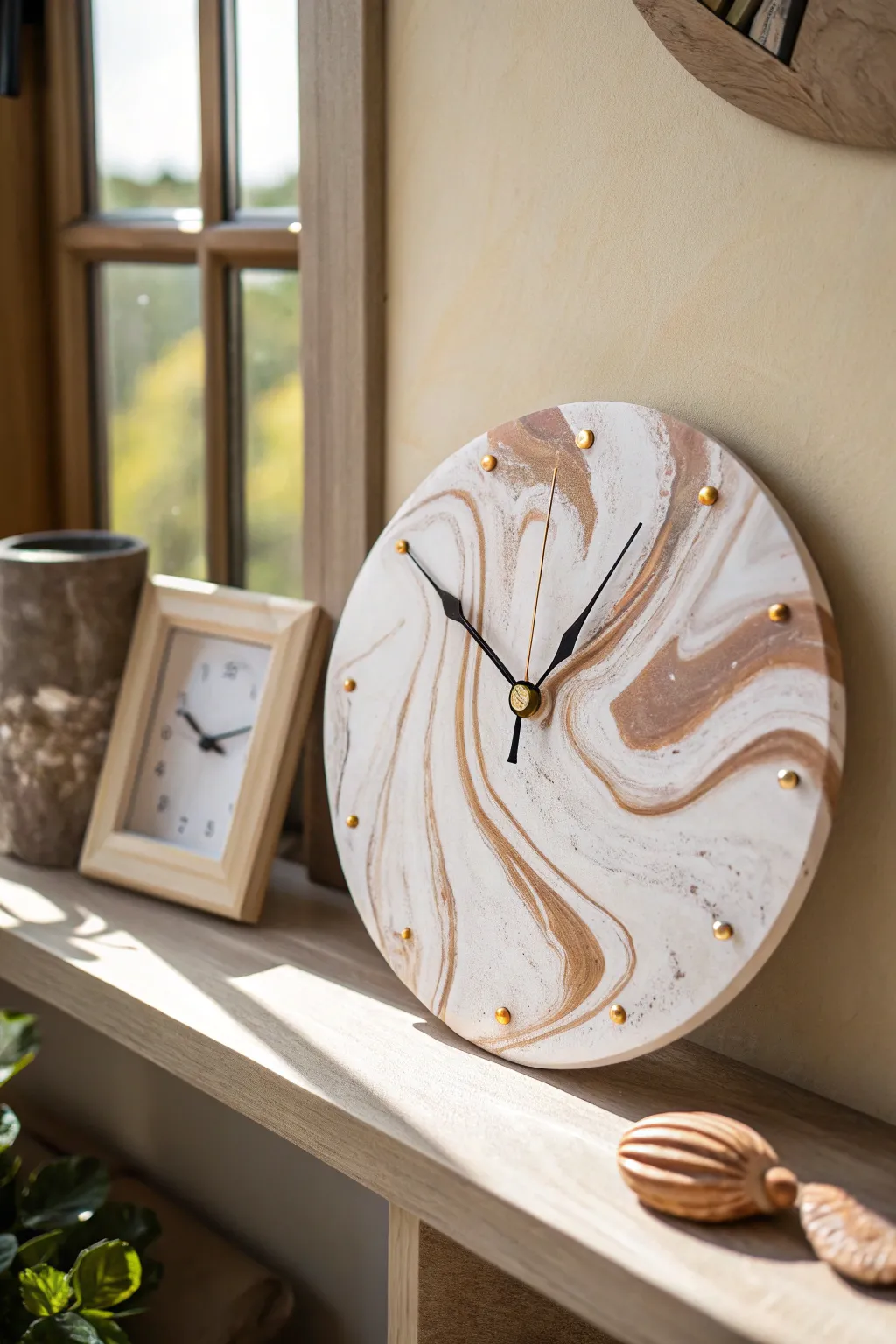 A chic marbled clay wall clock with clean lines and soft boho styling for a calm, modern space.