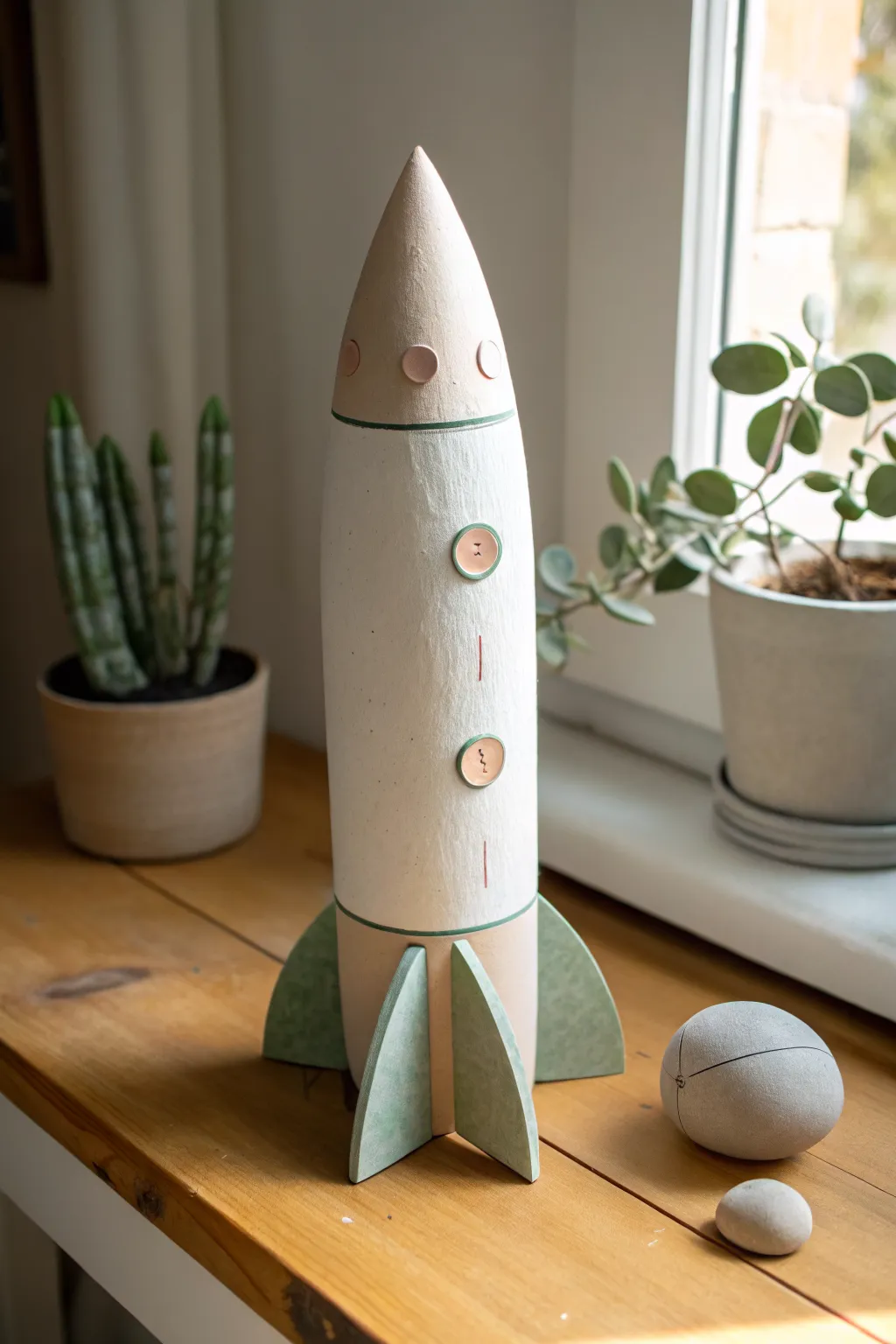 Chunky little clay rocket made with a cardboard core, ready for imaginative kid play on a calm table.