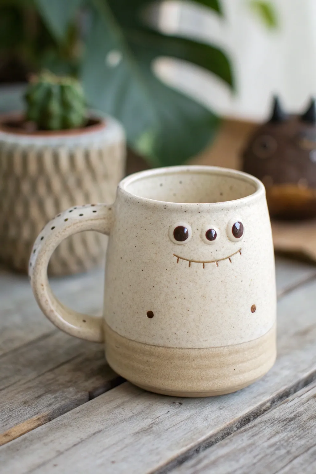Many-eyed clay monster mug with a minimalist boho look and cozy, handmade charm