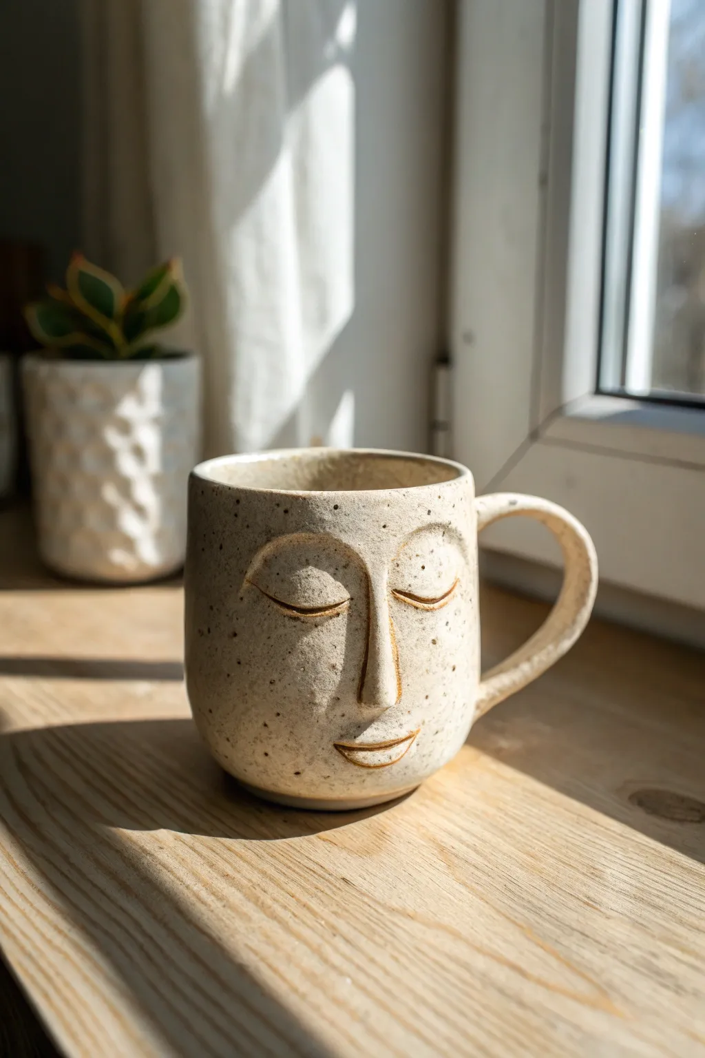Minimal clay face mug with raised glasses, Scandinavian calm with a soft boho touch.