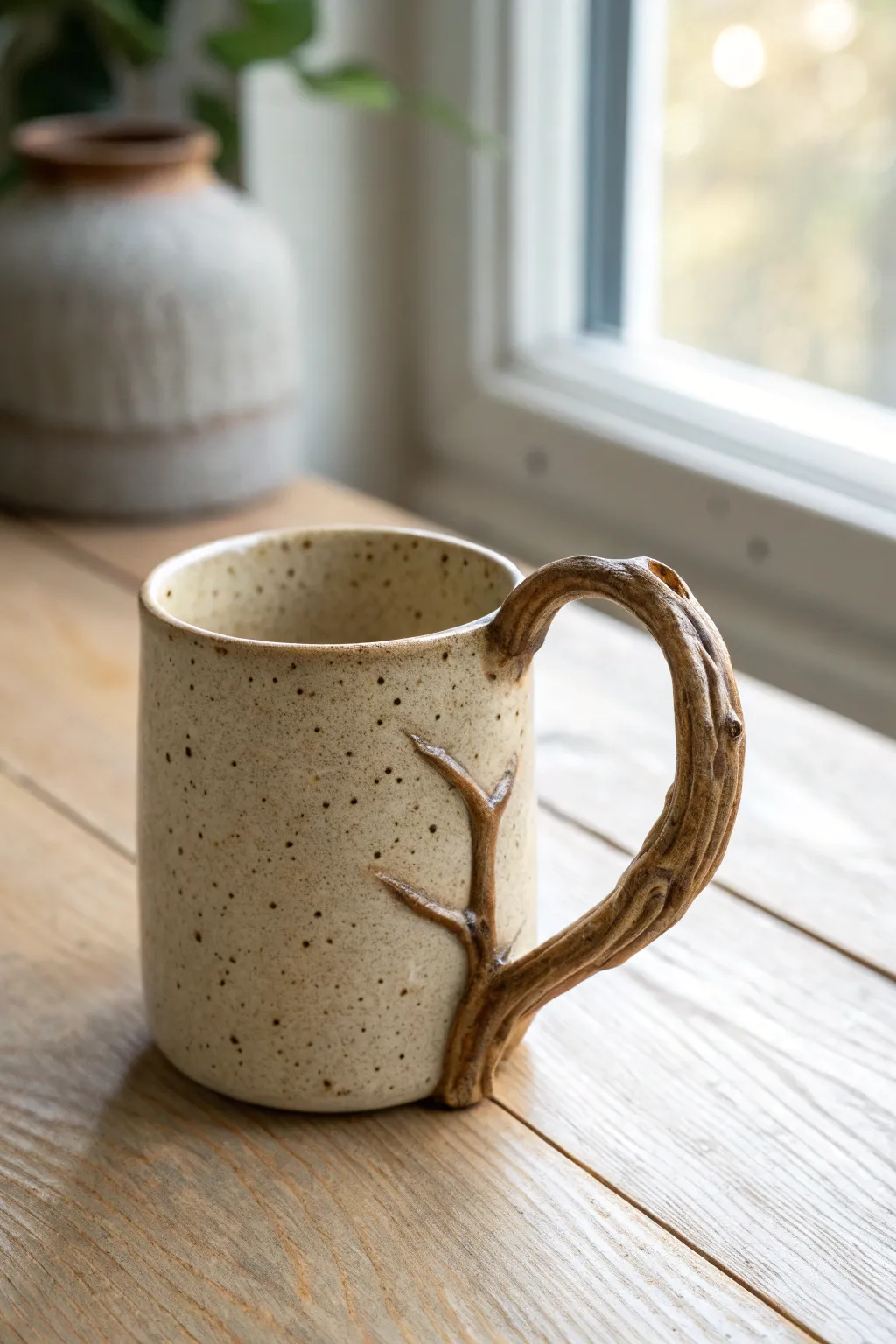 Branch-inspired mug handle with earthy glaze, sculptural yet practical in a minimalist setting