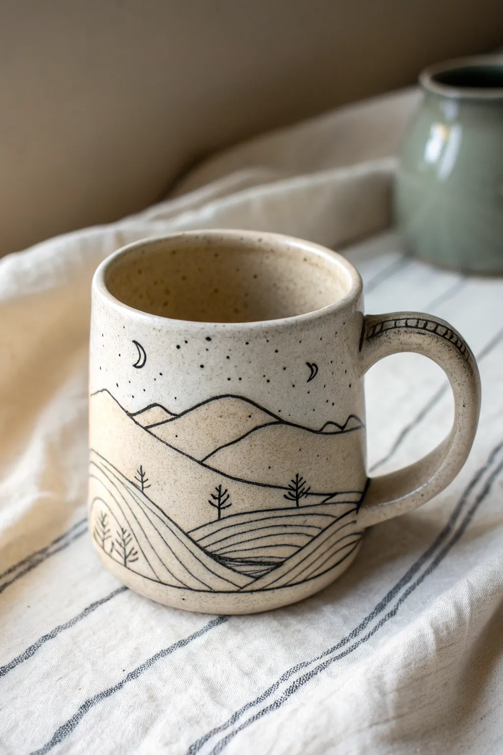 A wraparound landscape story mug in soft neutrals, minimalist form with a cozy handmade feel