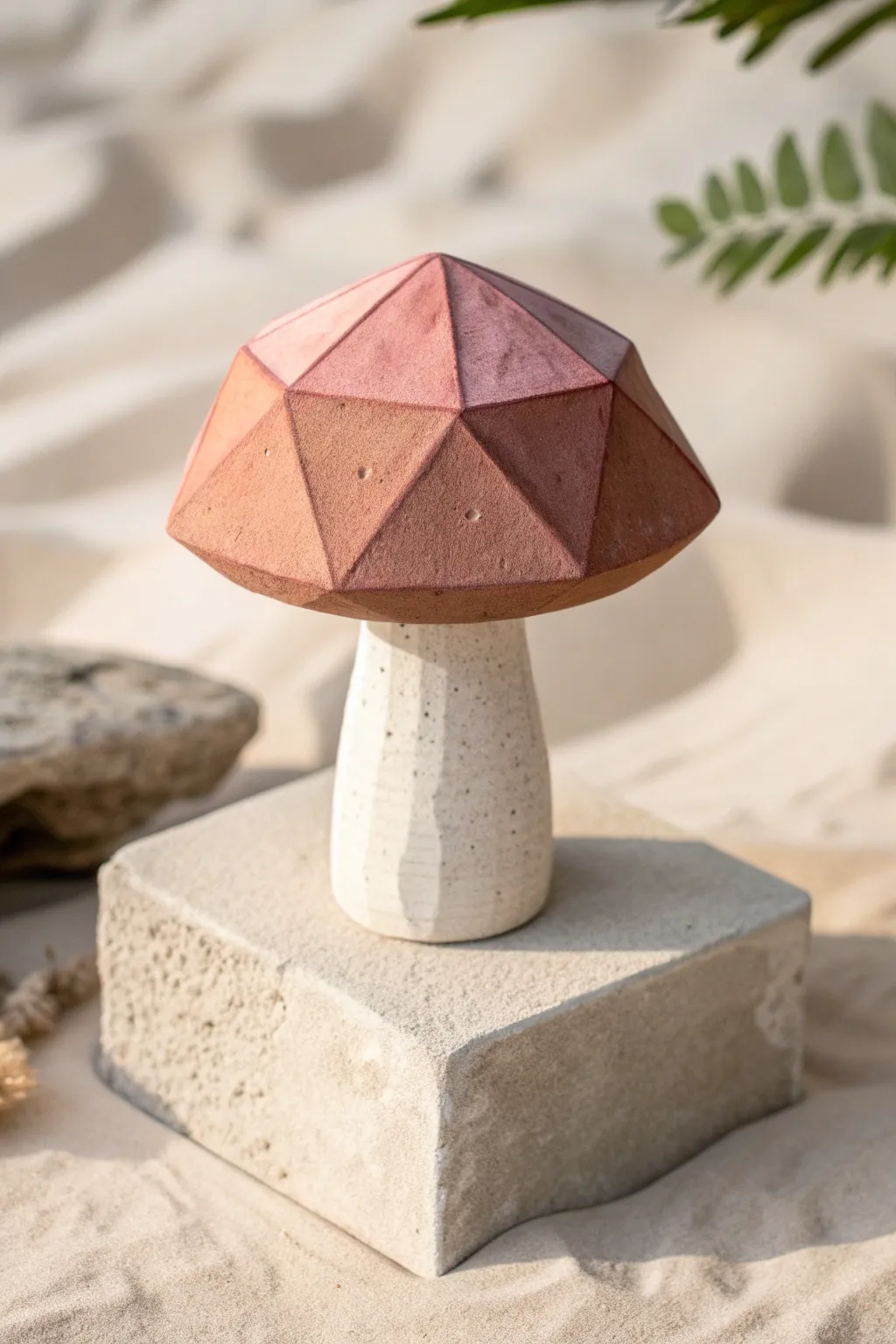 Abstract geometric clay mushroom with bold faceted cap, modern minimal style and warm earthy tones