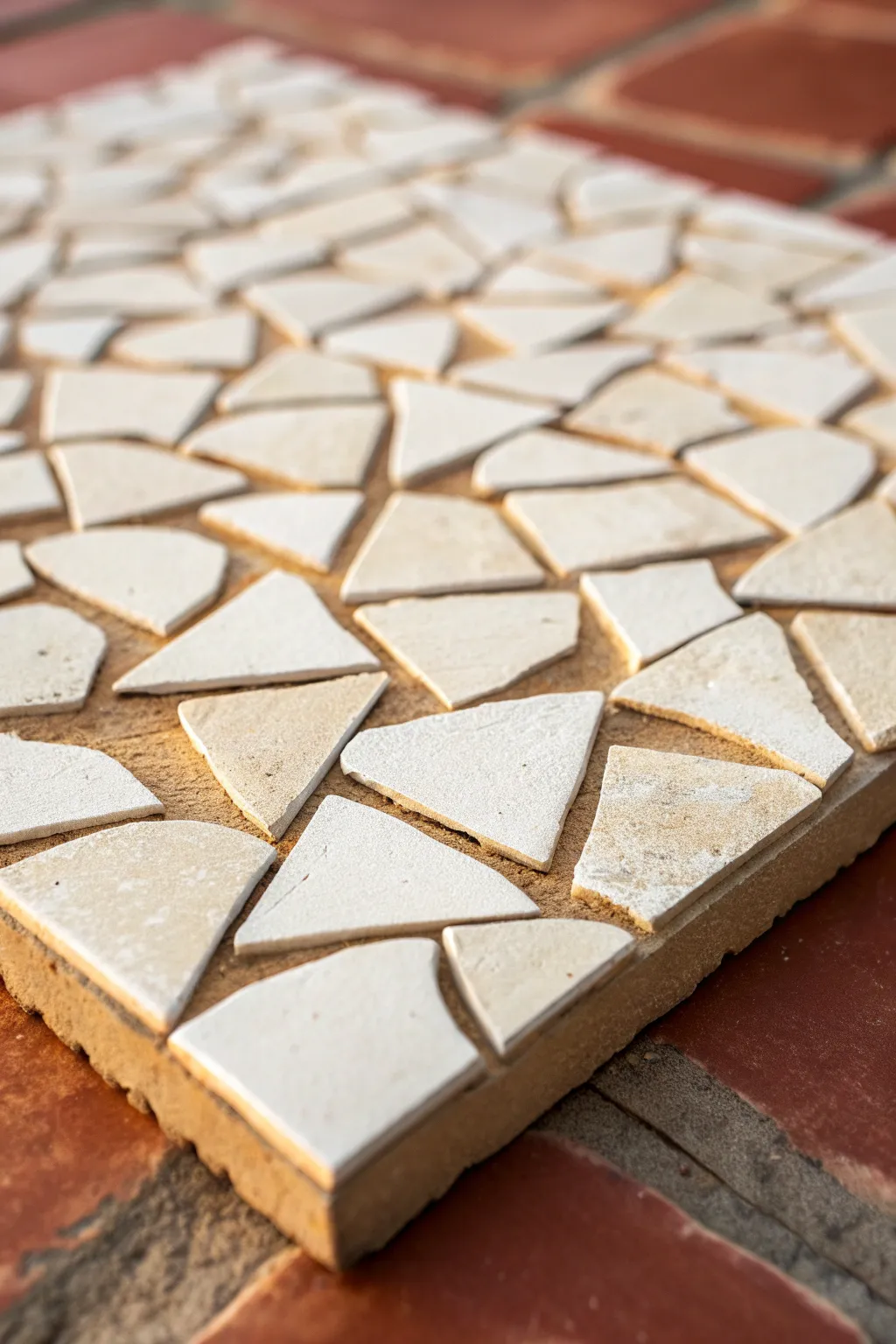 Clay mosaic tiles on canvas with terracotta grout gaps, minimalist boho texture and contrast.