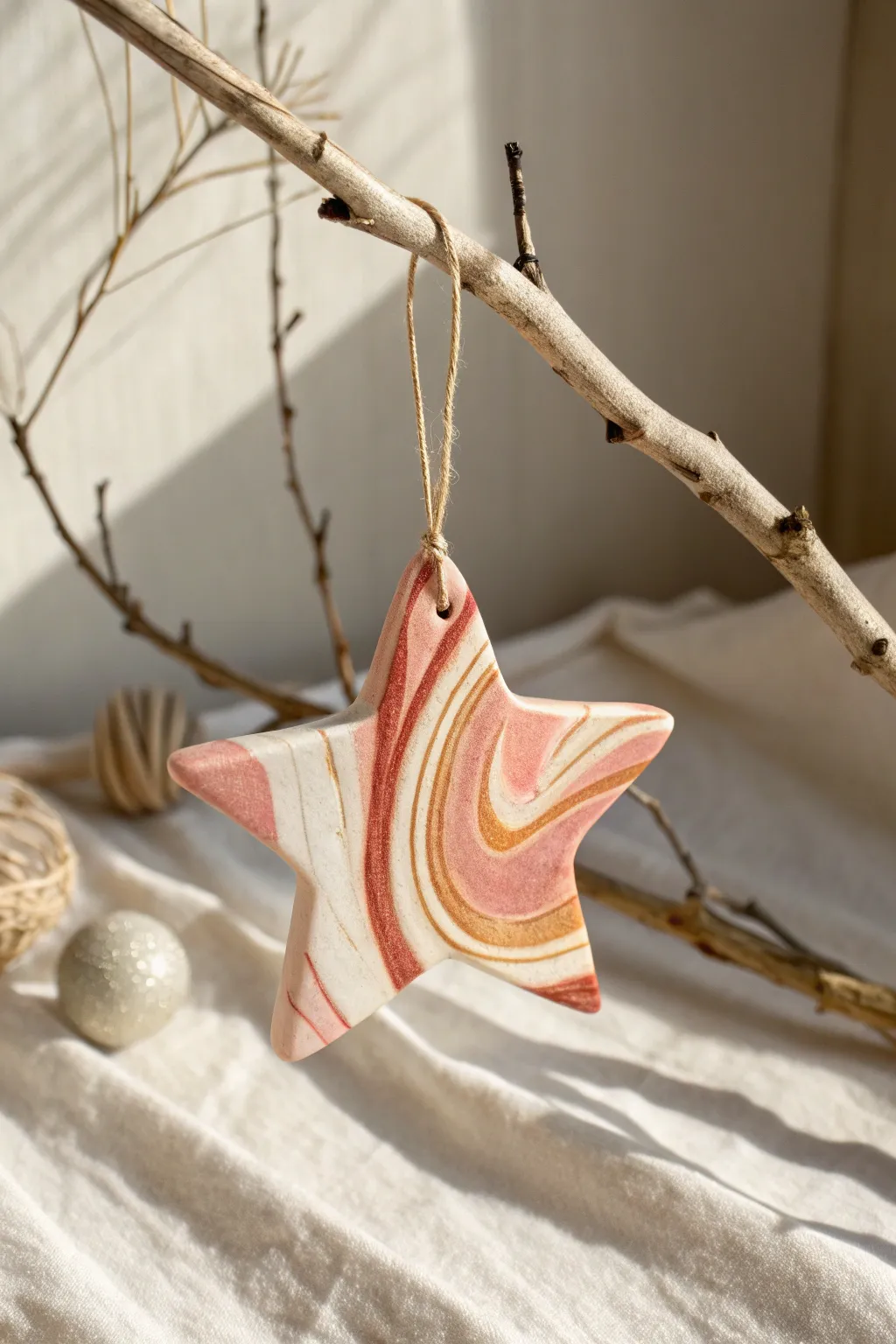 Bold marbled swirl clay ornament in soft boho tones, perfect kid friendly holiday craft.