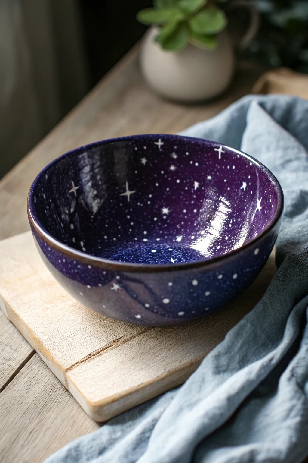 Galaxy night sky bowl with starry speckles and a soft nebula swirl in moody contrast
