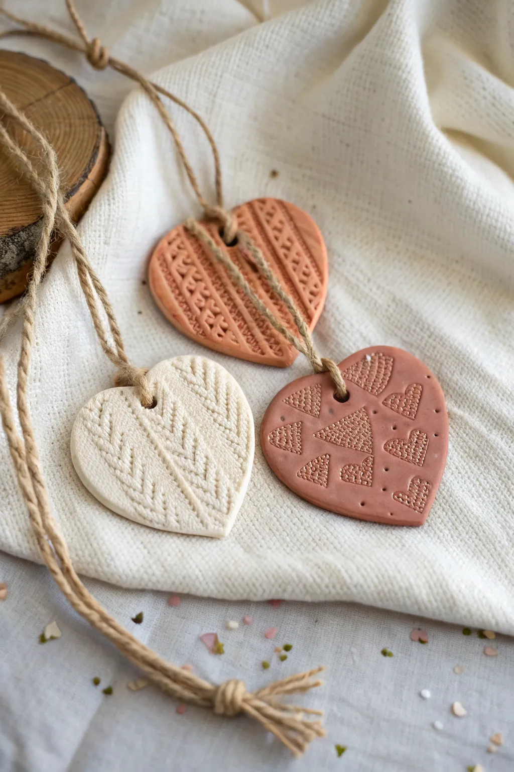 Cozy faux-knit clay ornaments in warm winter tones, styled on soft linen for minimalist charm