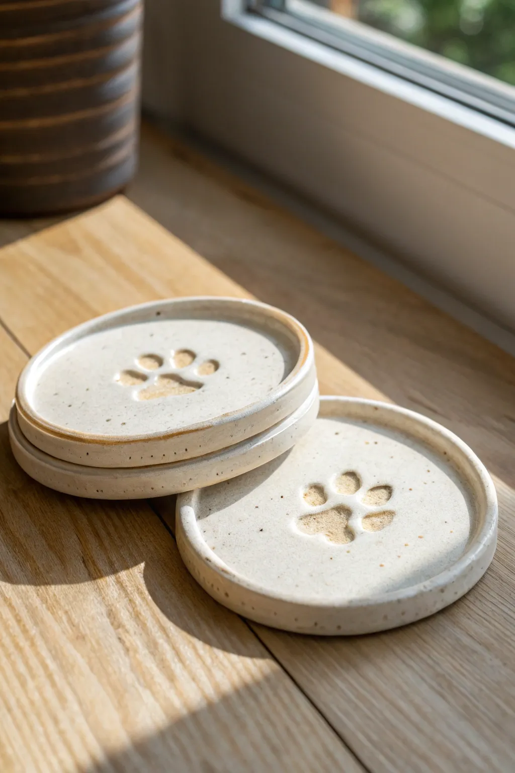 Minimal clay paw print coasters with a glossy sealed finish and crisp impressions in soft light