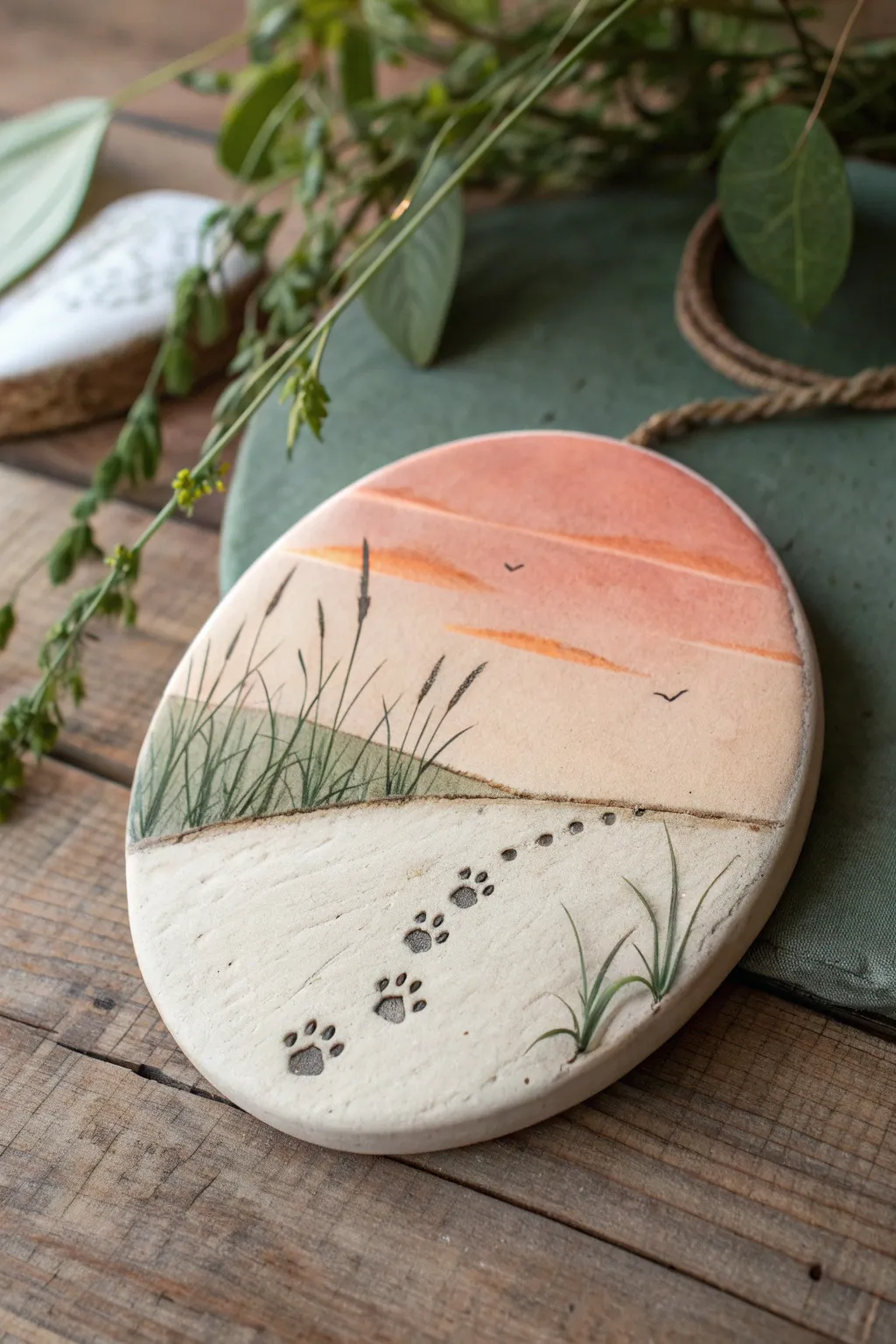 Tiny clay landscape plaque with paw tracks, a sweet minimalist mural for pet lovers