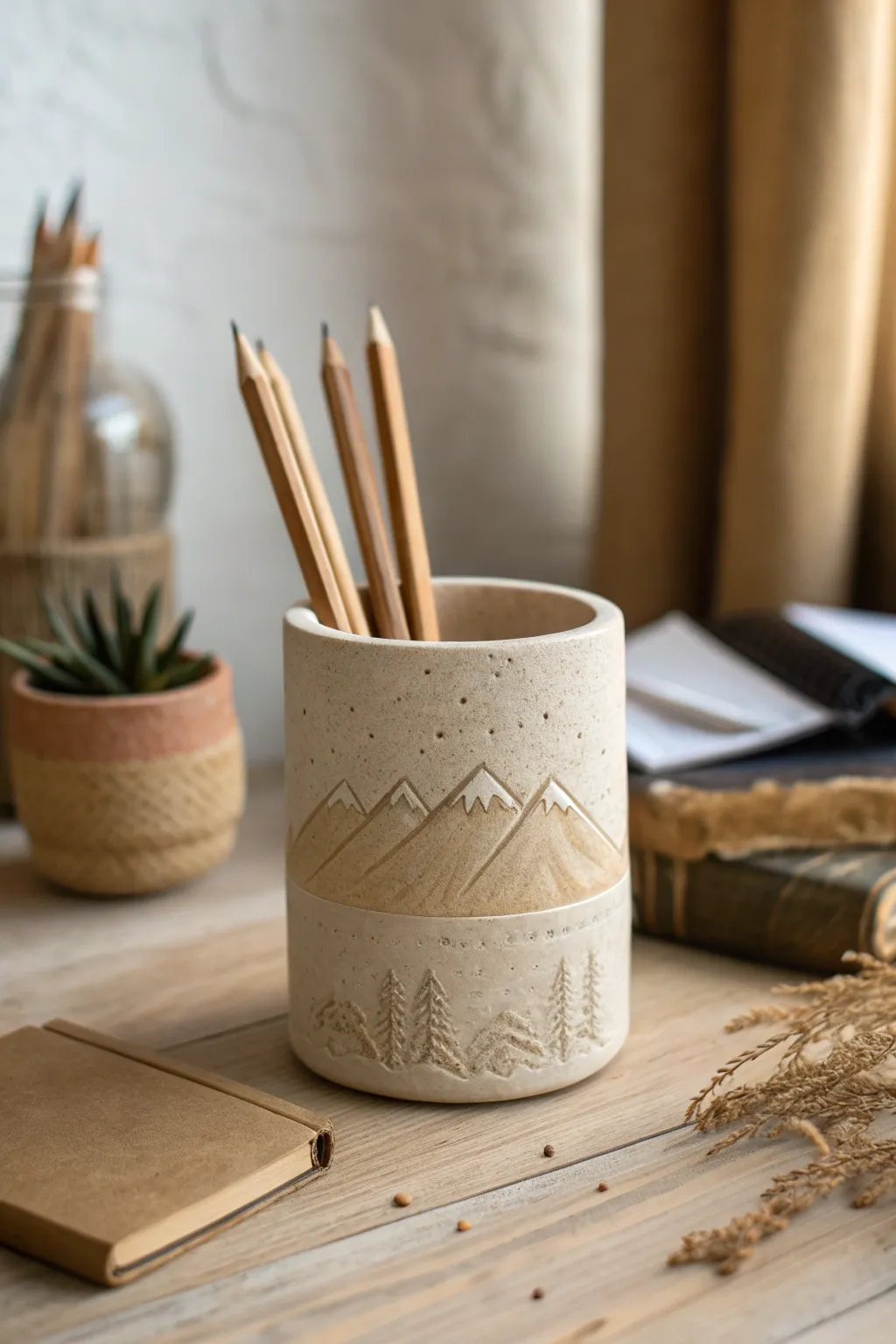 Minimal clay pencil holder with a mountain skyline band in warm neutral tones and cozy cabin light