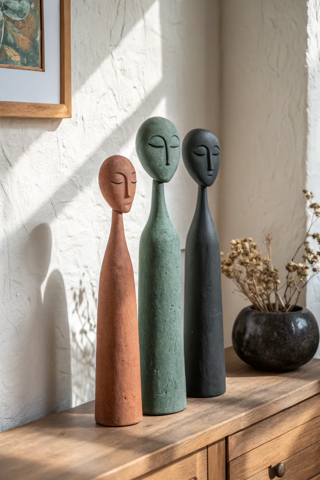 Abstract mood people trio in matte clay, minimalist Scandinavian decor with boho warmth.