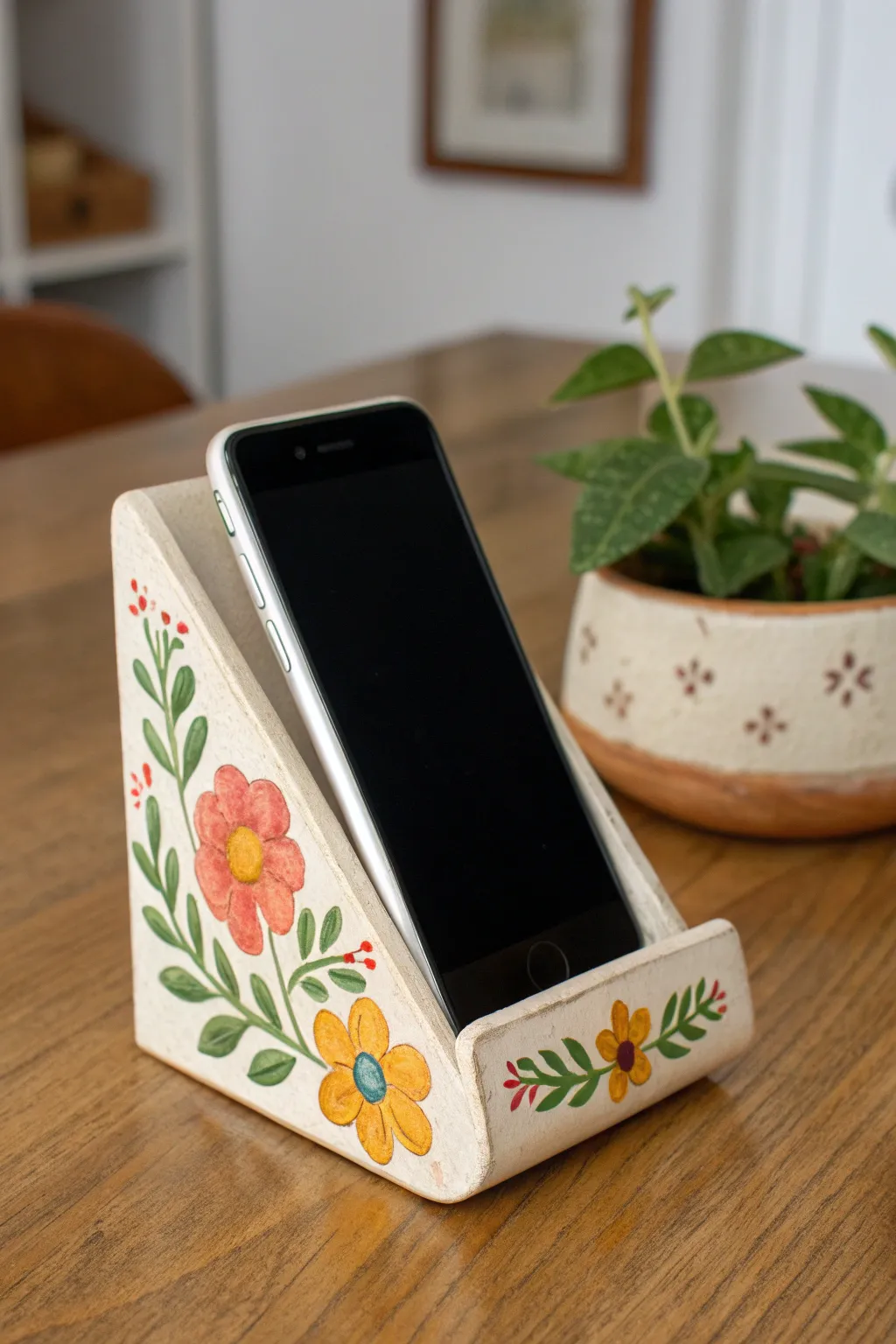 Cheerful vine-wrapped floral clay phone stand with minimalist Scandinavian charm and crisp contrast