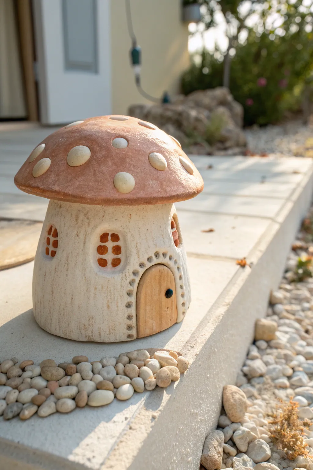 A sweet clay mushroom house with simple details and cozy storybook charm in calm neutral tones.