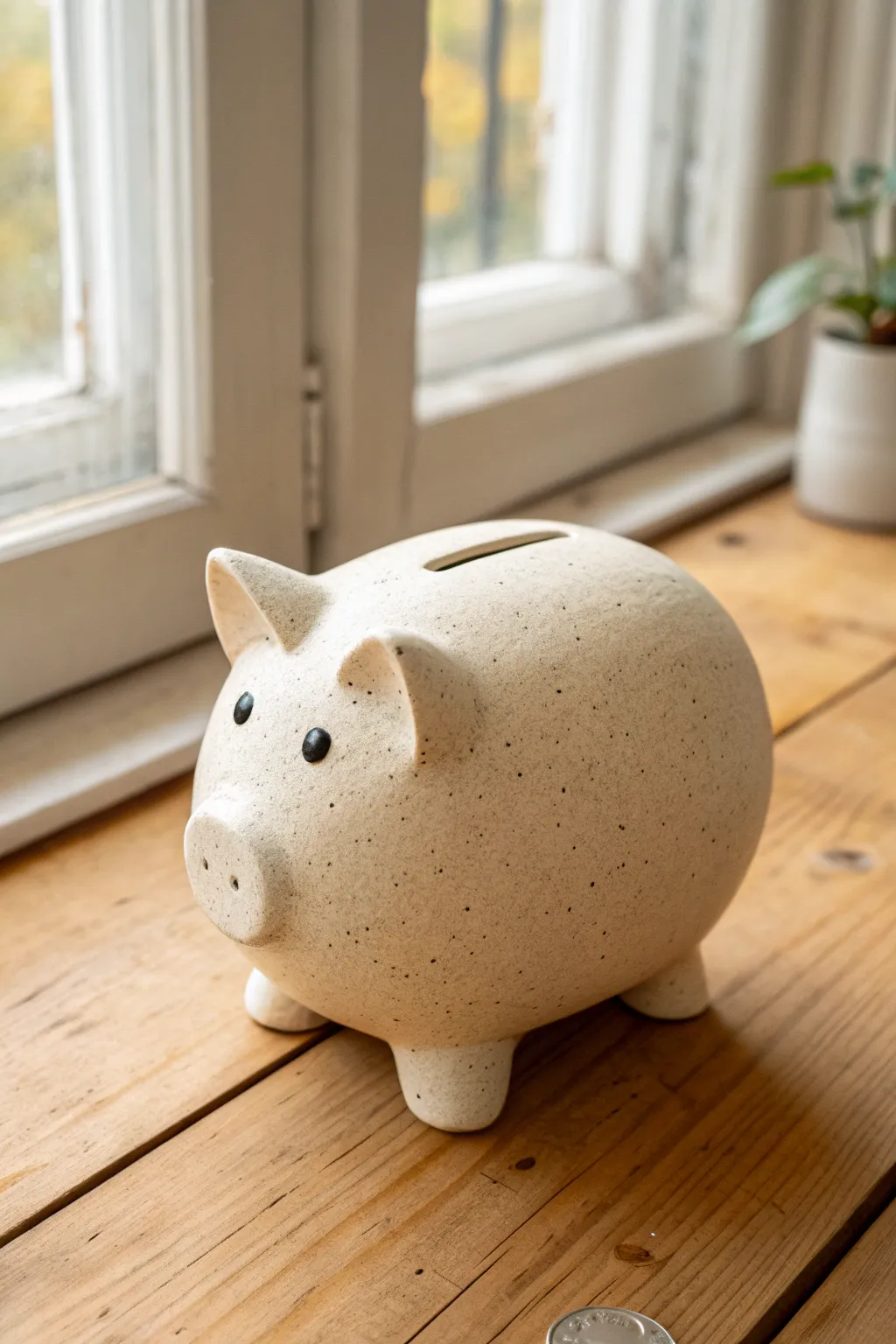 A surprise-shape piggy bank with a cube body, but still unmistakably pig-cute and minimalist