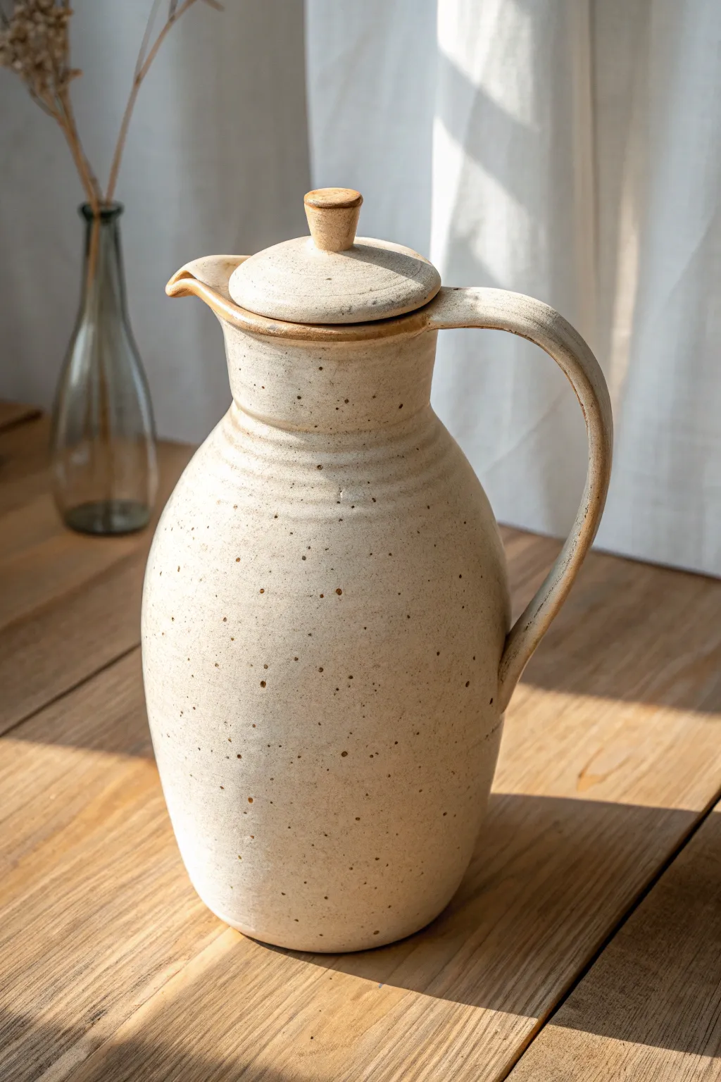 Simple lidded clay pitcher with a tidy gallery seat, perfect for minimalist table styling