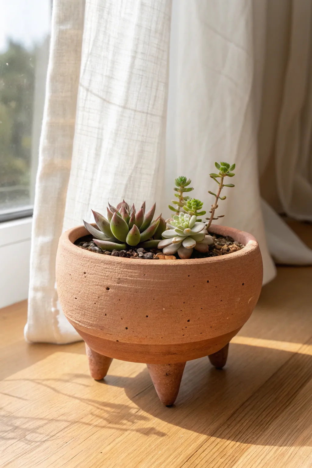 Tiny feet, big charm: a handmade clay pedestal pot that lifts your succulent with Nordic calm.