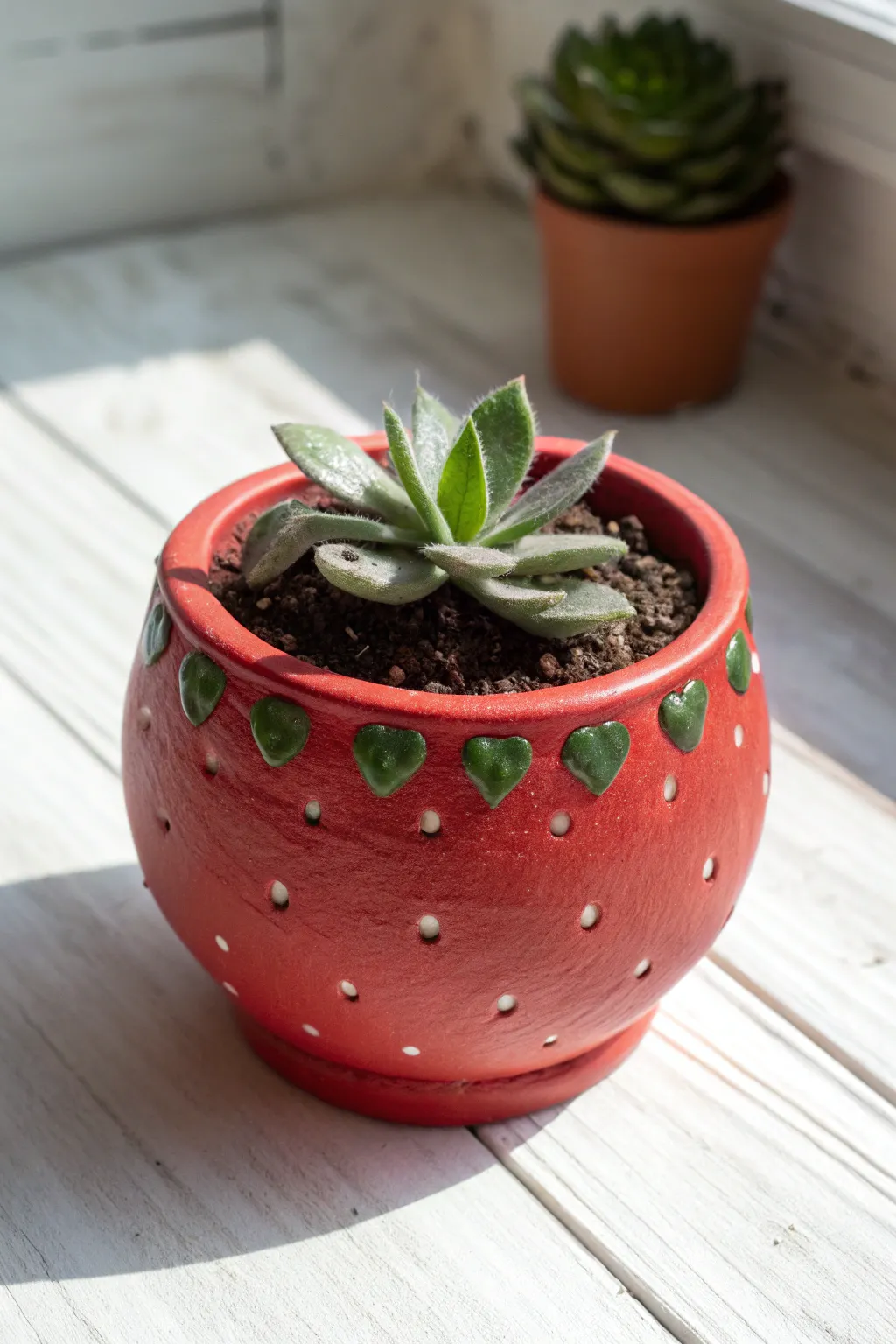 Sweet strawberry clay planter with a simple leafy rim and a tiny succulent for fresh boho minimal vibes.