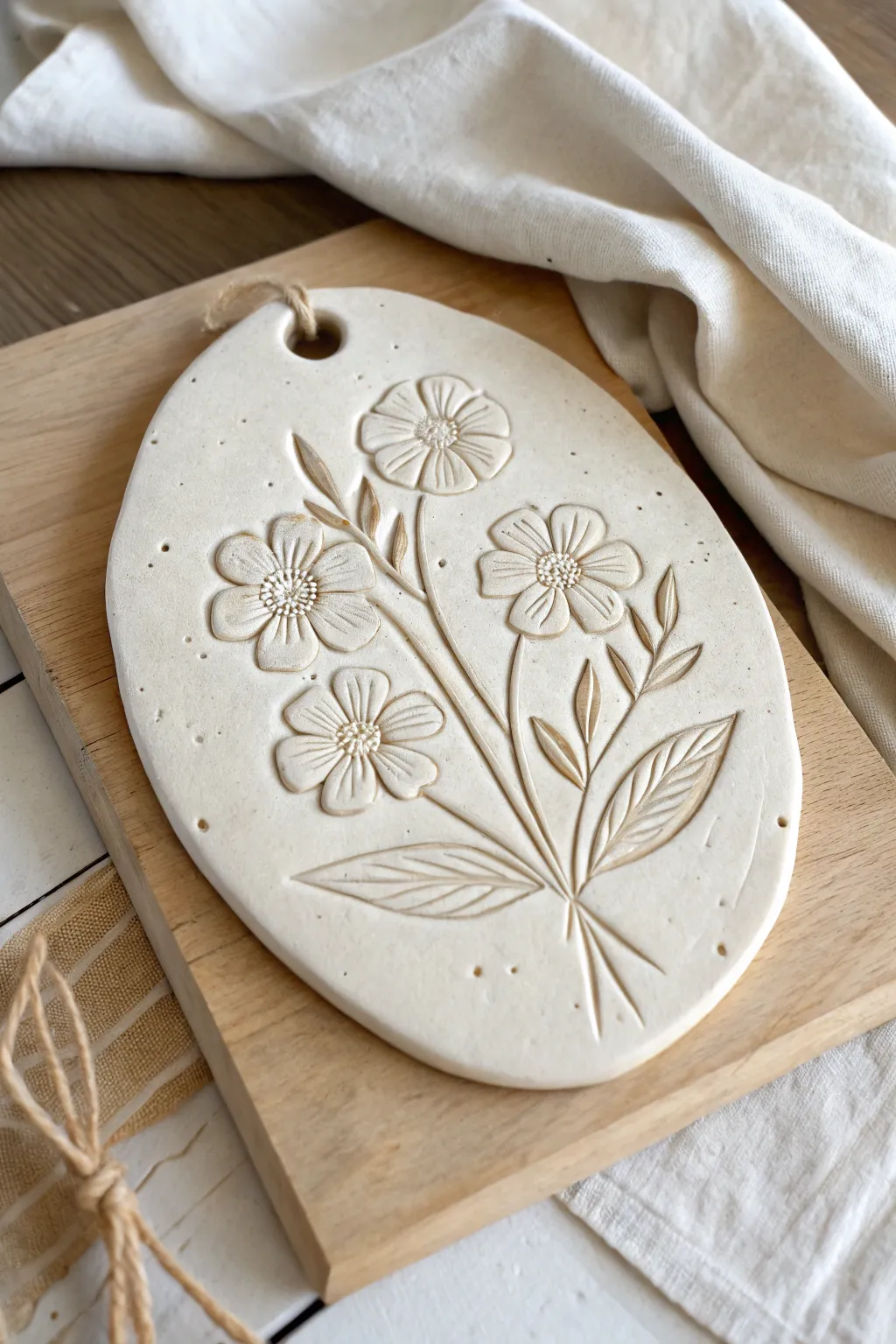 Soft bas-relief floral bouquet plaque with warm shadows and calm Scandinavian-boho styling.
