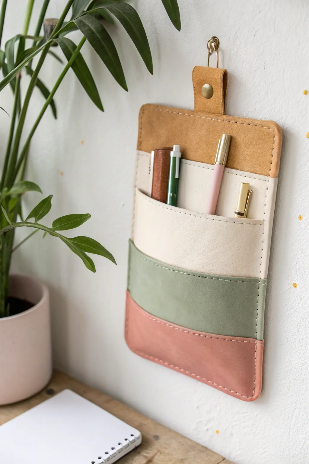 Bold color-blocked clay pocket with clean lines, ready to hold pens and a tiny notepad.