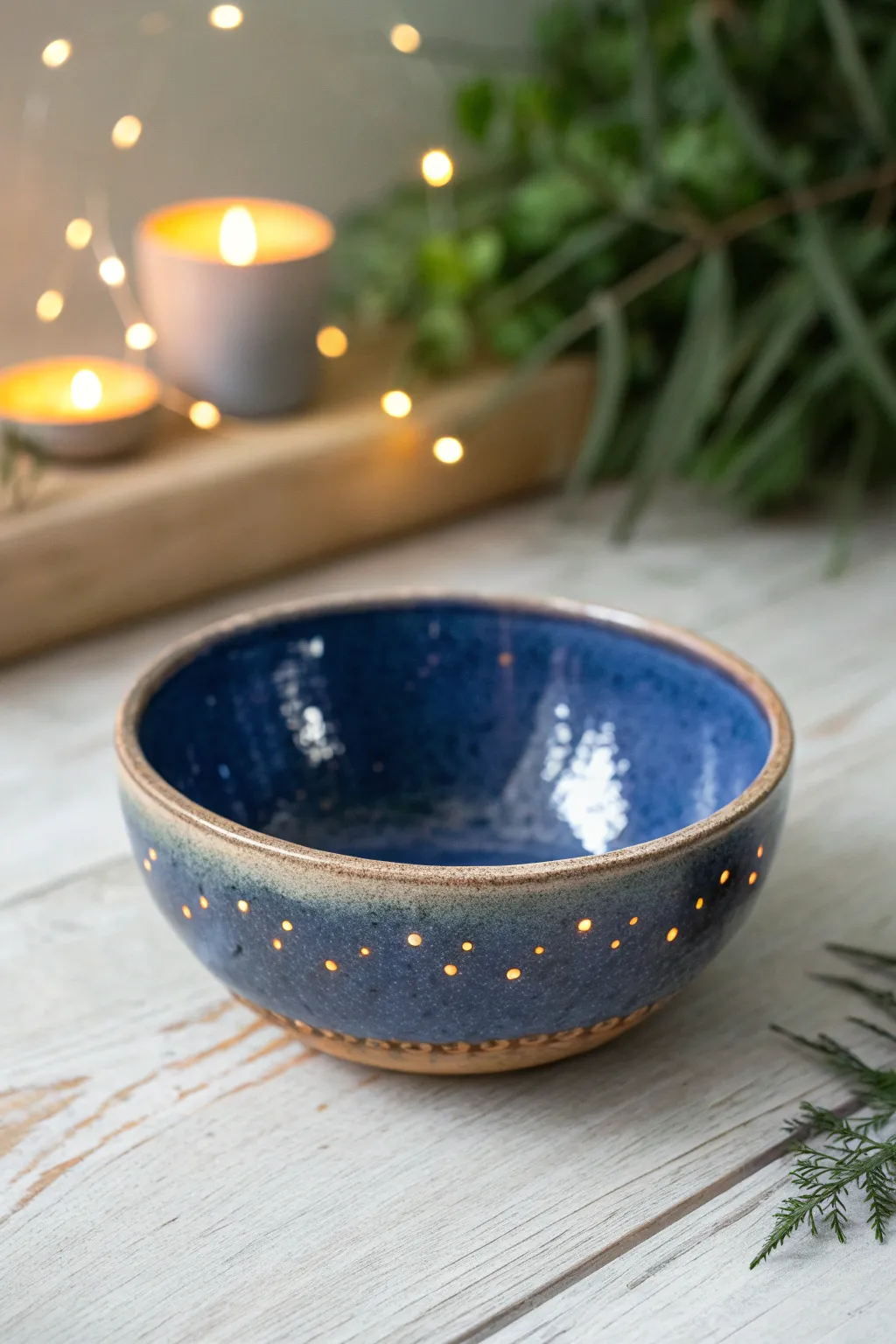 Moonlit clay pond in deep blue with soft firefly-like glow accents, calm and dreamy.