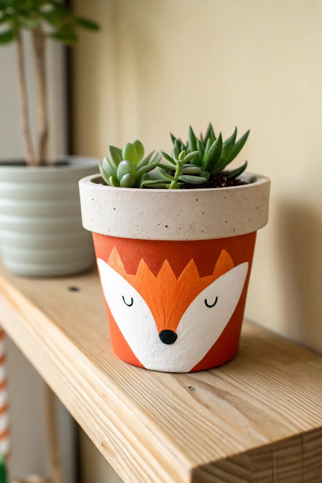 Whimsical fox-inspired clay pot colors in a minimalist plant nook, bold and playful yet simple.