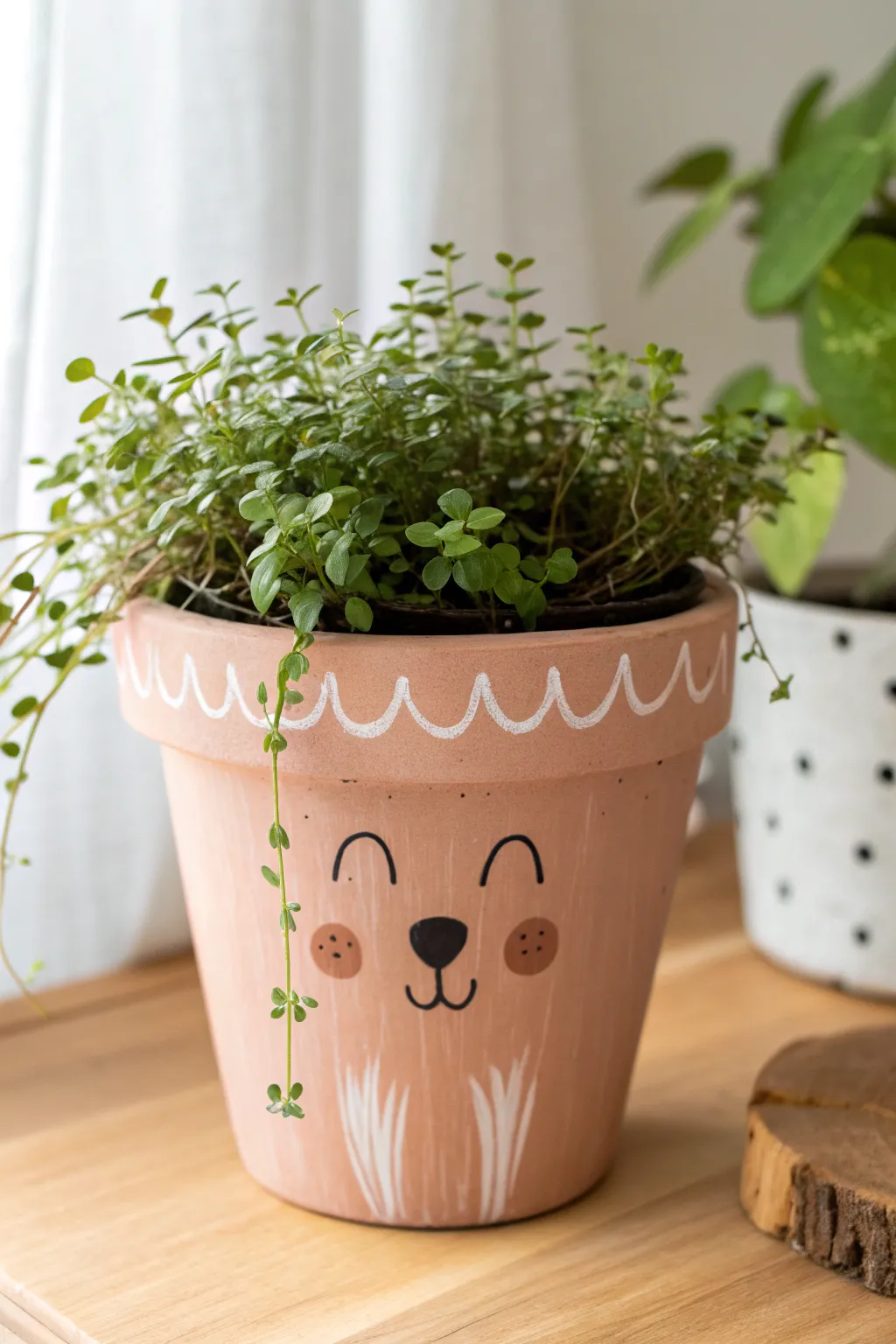 A sweet animal-face planter with leafy hair, simple to paint and instantly full of charm