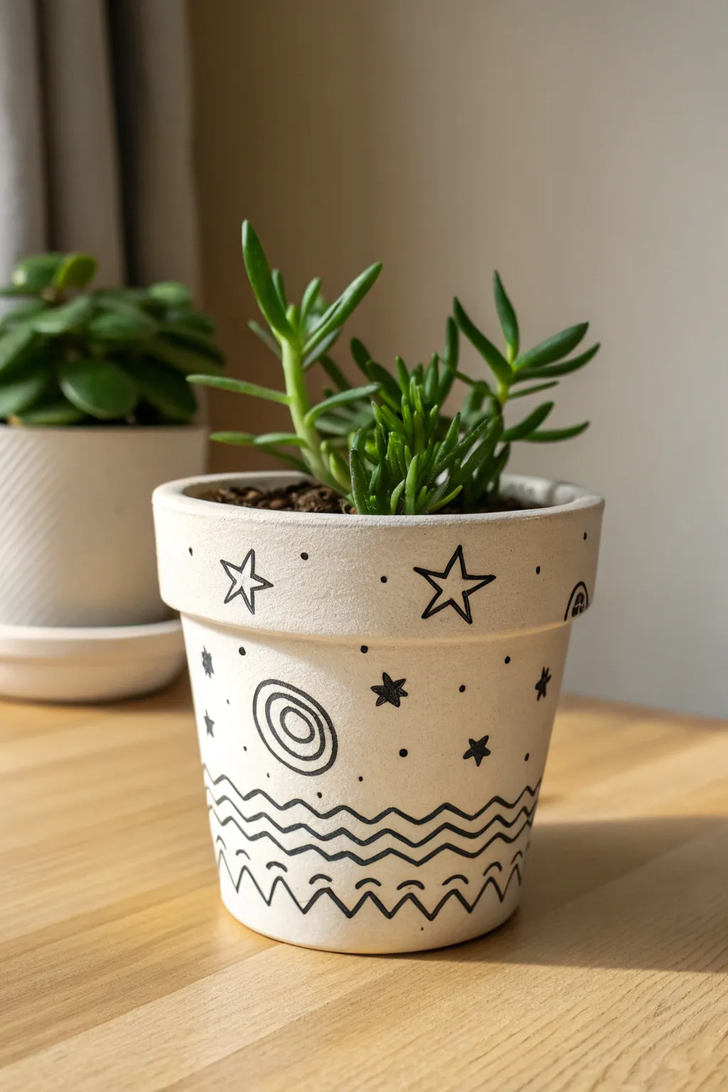 Minimal doodled clay pot with a fresh green plant, Scandinavian calm with a playful sketchbook vibe