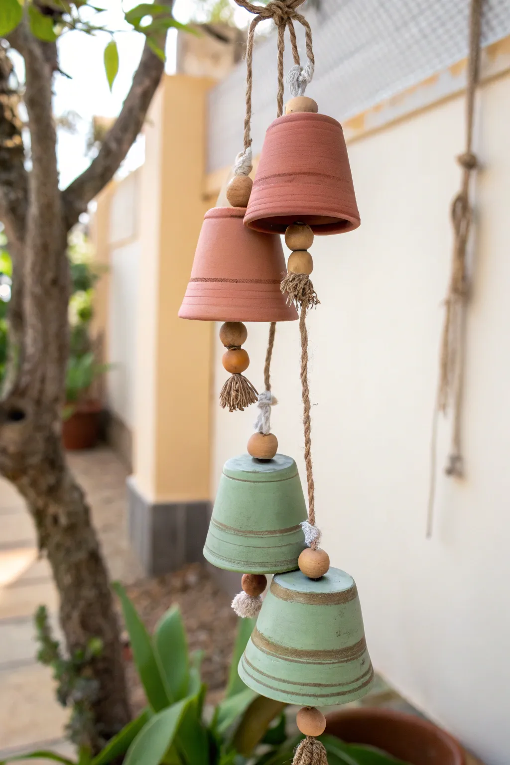 Upside-down terracotta pot bell wind chime in soft pastels, gently swaying on a calm patio.