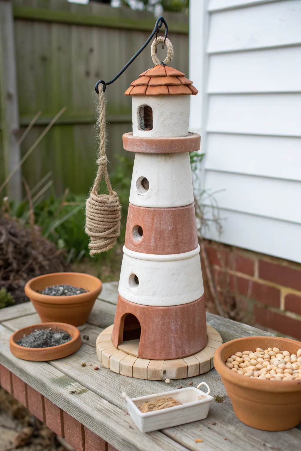 Minimal hanging clay pot lighthouse feeder with saucer tray, a cozy Scandinavian boho garden accent.