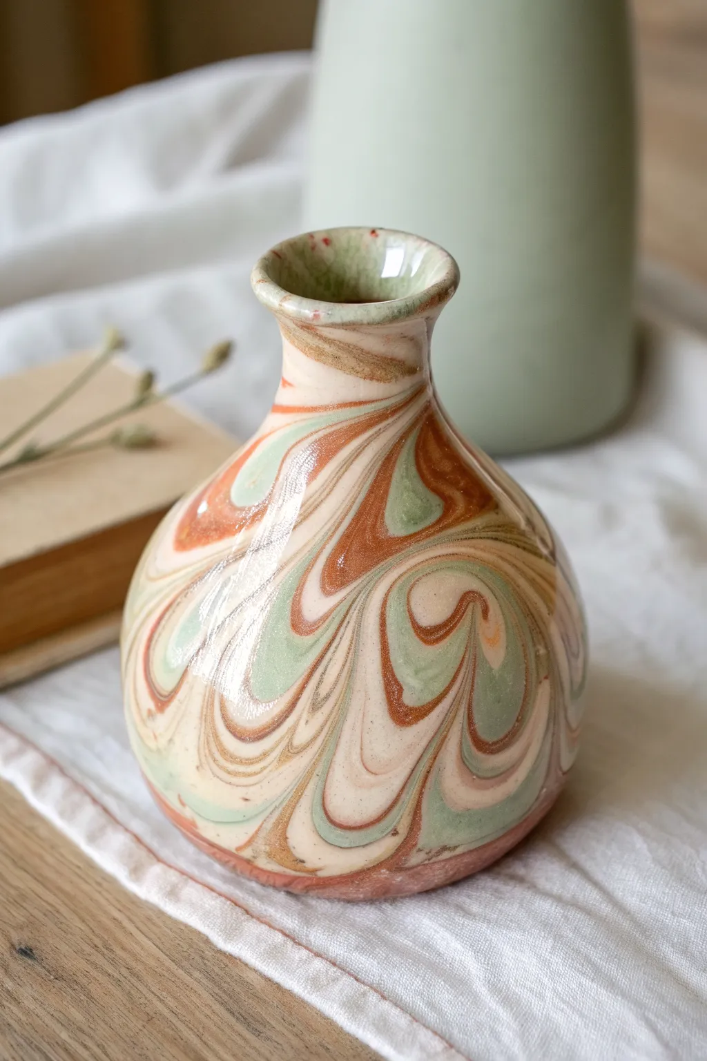 Soft marbled paint-swirls on a simple bud vase for an effortless, modern pottery look.