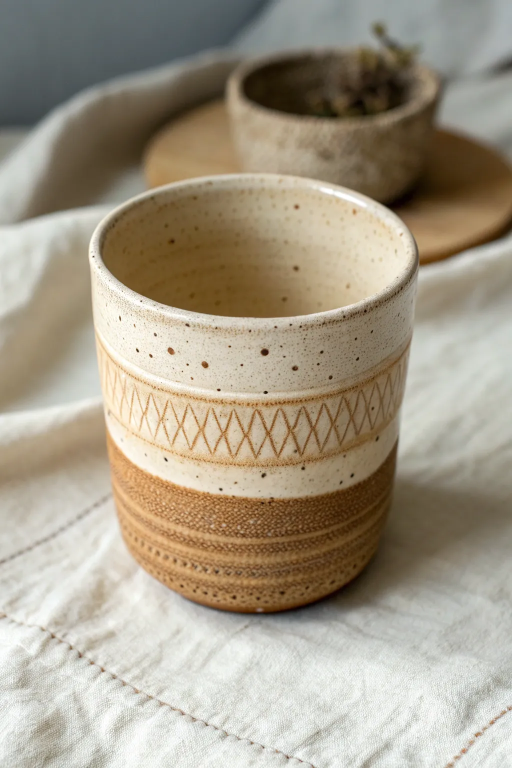 Simple texture test cup with stamped, carved, and impressed bands for high school clay class.