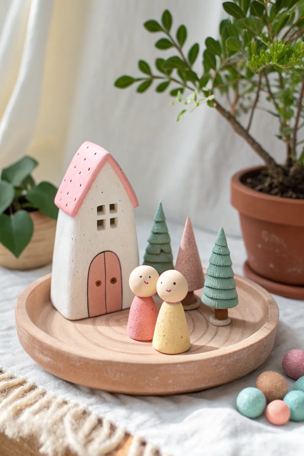 Tiny clay small world diorama: playful pastel house, trees, and characters on a simple base