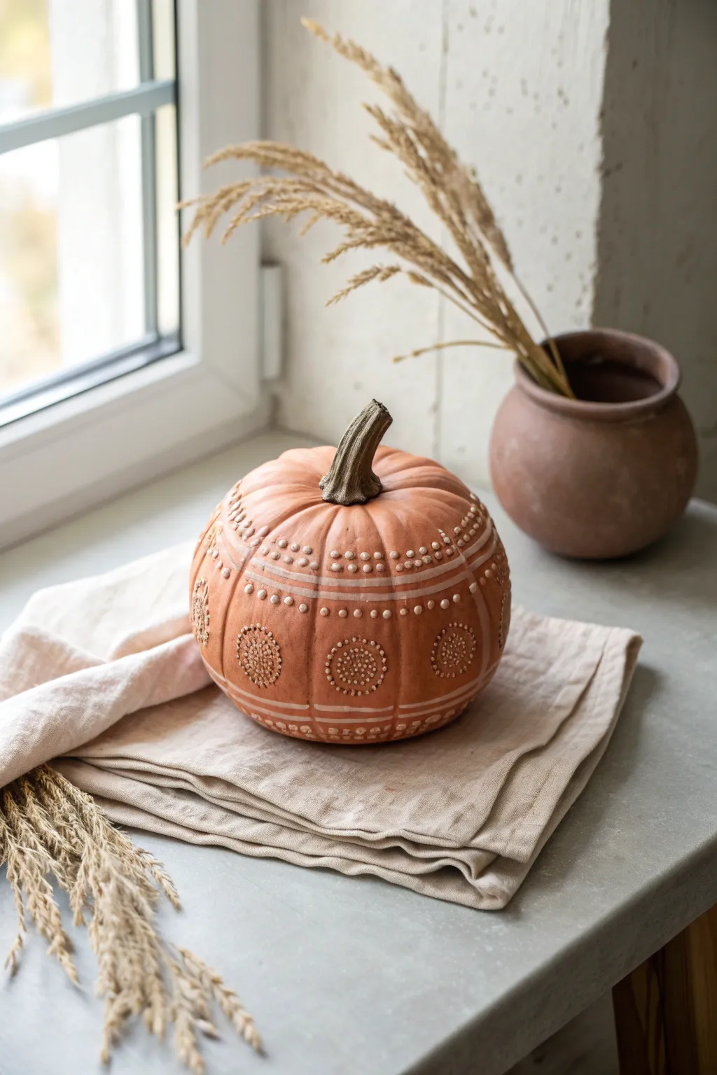 Stamp-and-carve textures on one minimalist clay pumpkin for cozy Scandinavian-boho fall decor.