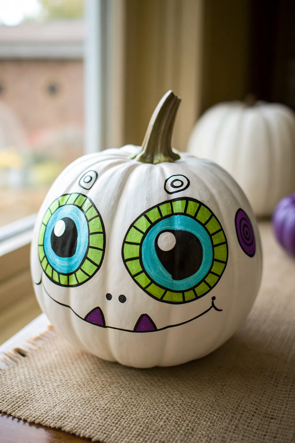 Playful monster-eye ceramic pumpkin in bright hues, a bold minimalist twist for fall decor