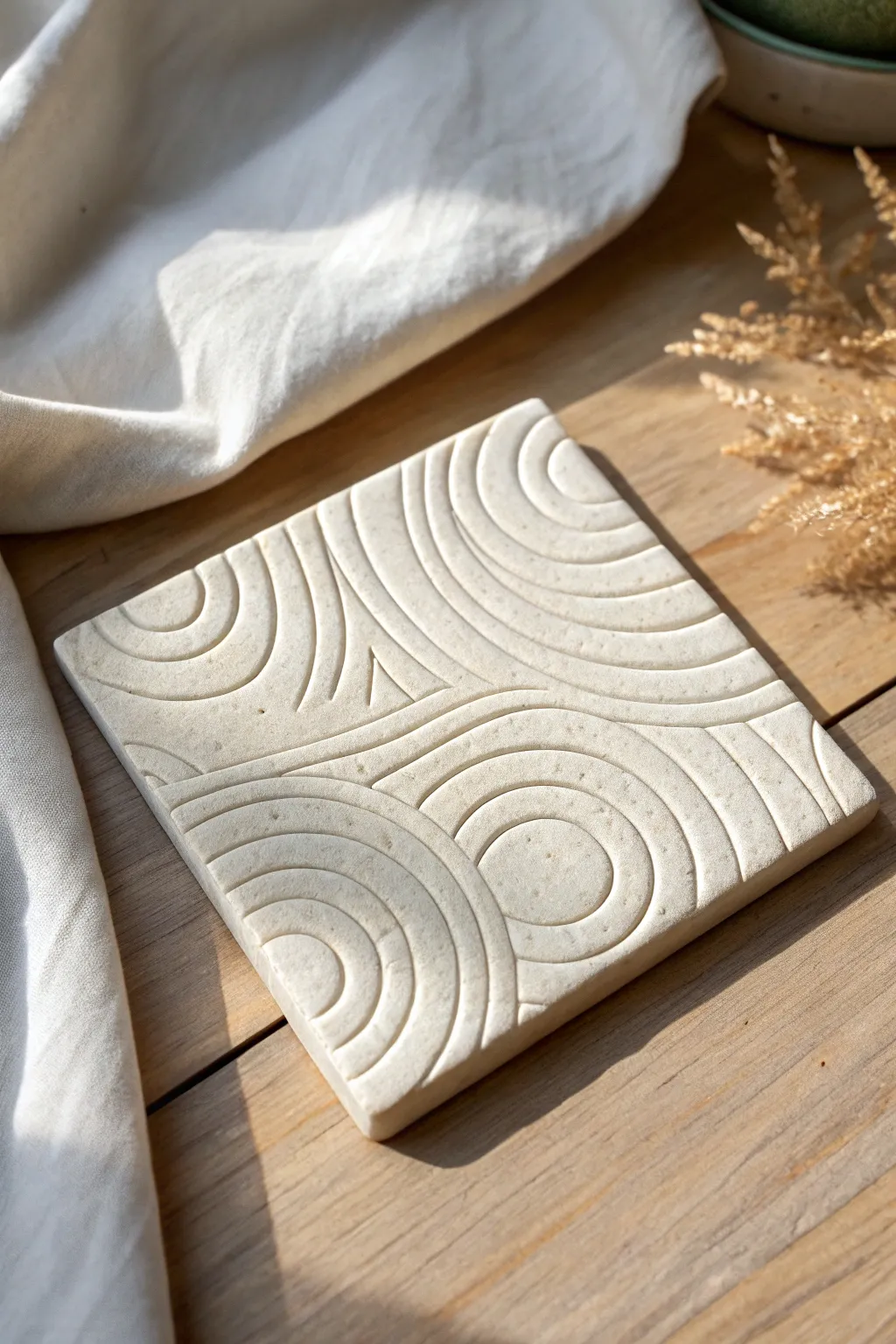 Minimal topographic contour relief tile in matte stoneware, calm boho warmth and crisp shadows.