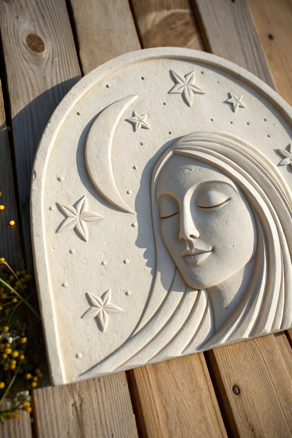 Moon goddess clay relief plaque with crescent moon and stars, minimal, serene, high-contrast.