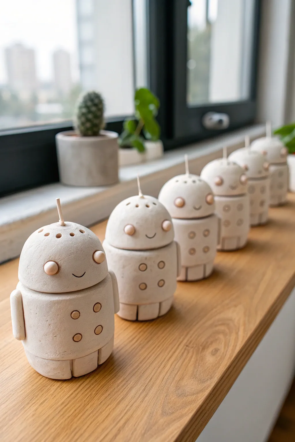 A tiny clay robot army for your desk, simple Scandinavian style with handmade boho charm.