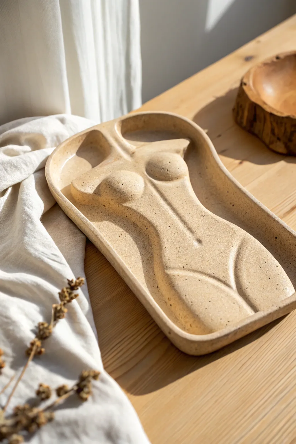 Sculptural torso tray with a hidden recessed zone, minimal and boho-chic for rolling.