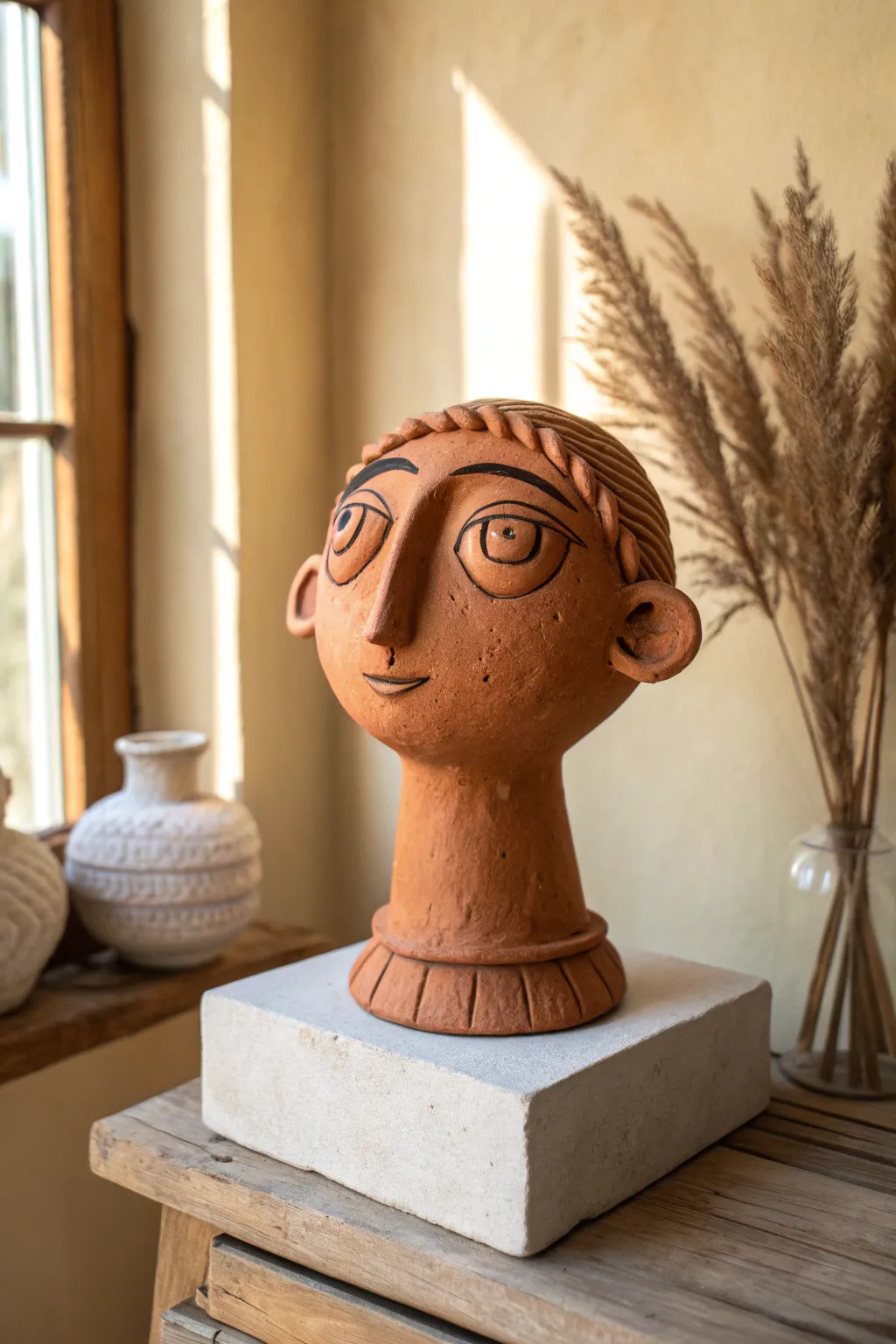 Minimalist clay character bust with playful oversized features, perfect for beginner sculpting ideas.