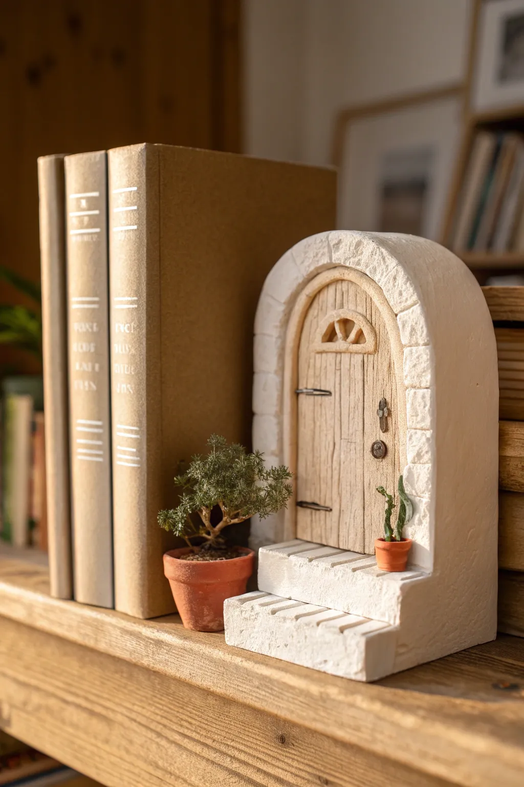Mini clay book nook diorama with steps, tiny door and plant, cozy minimalist shelf decor
