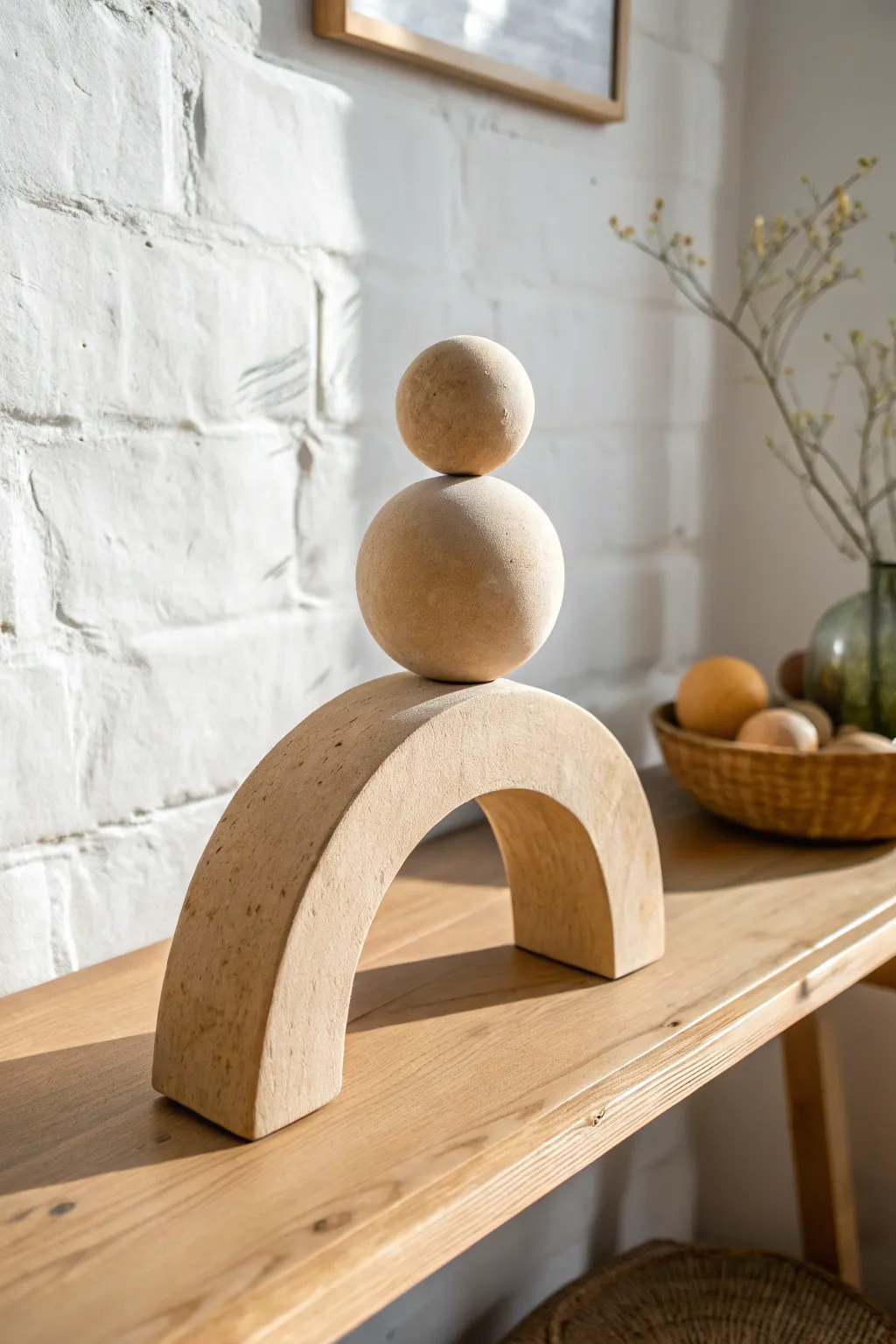 Minimal abstract clay sculpture with balancing shapes, warm neutral tone and soft shadow contrast