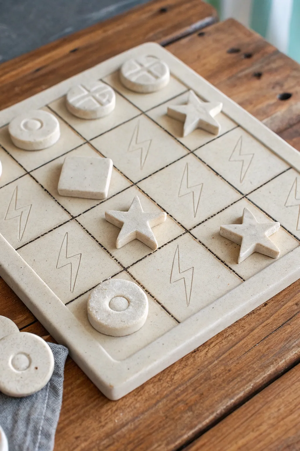 Handmade clay tic tac toe set with carved grid and chunky star and bolt pieces, minimalist