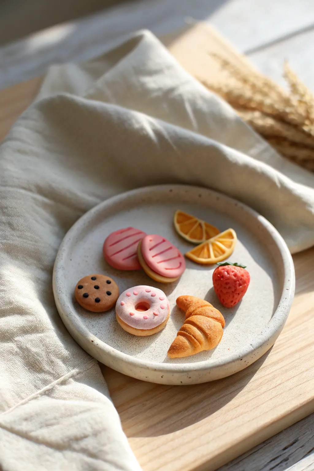 Tiny clay play food set on a simple plate, sweet minimalist DIY inspiration for kids play.