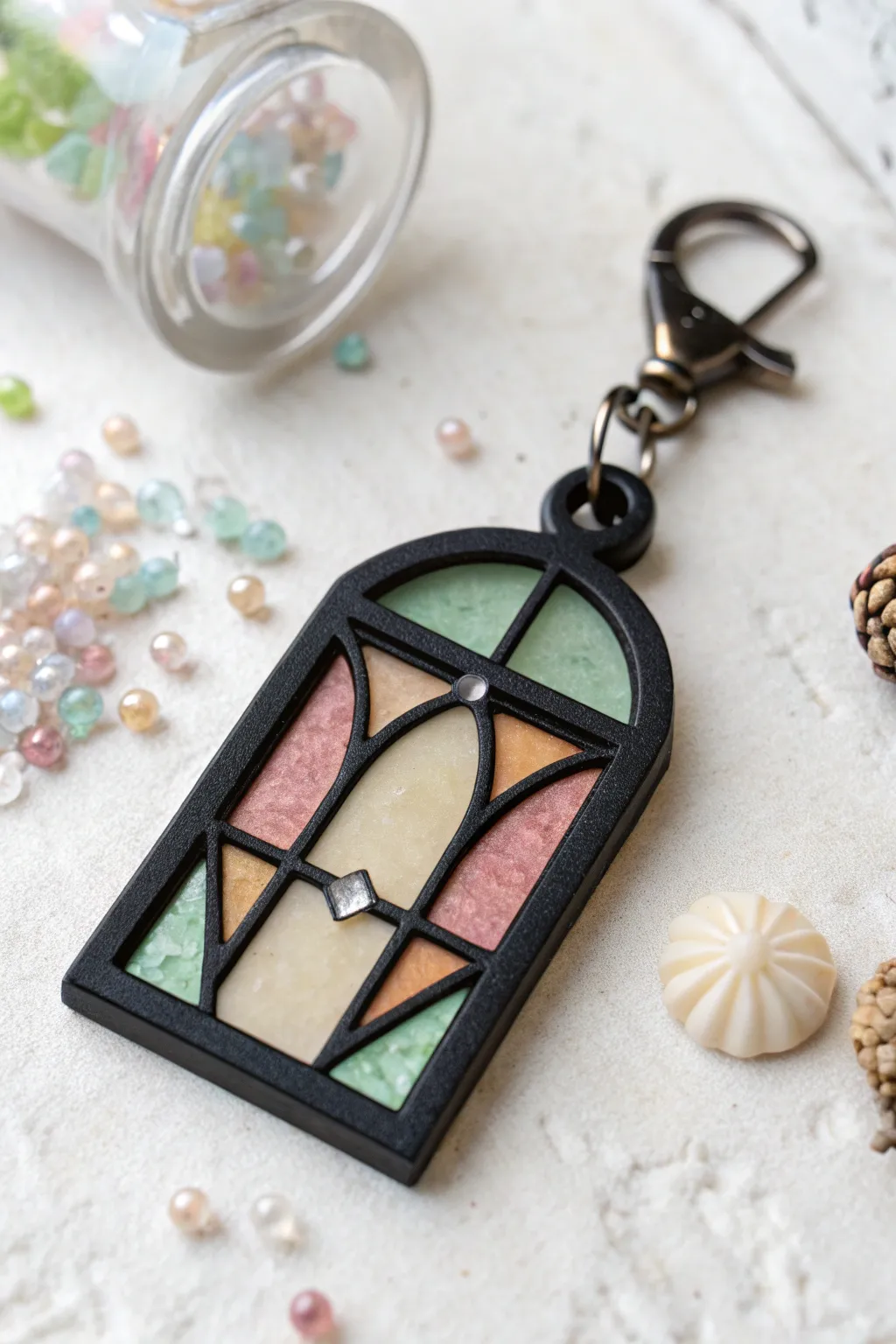 Faux stained-glass clay shaker charm with gem-like beads, minimalist Scandinavian with boho warmth