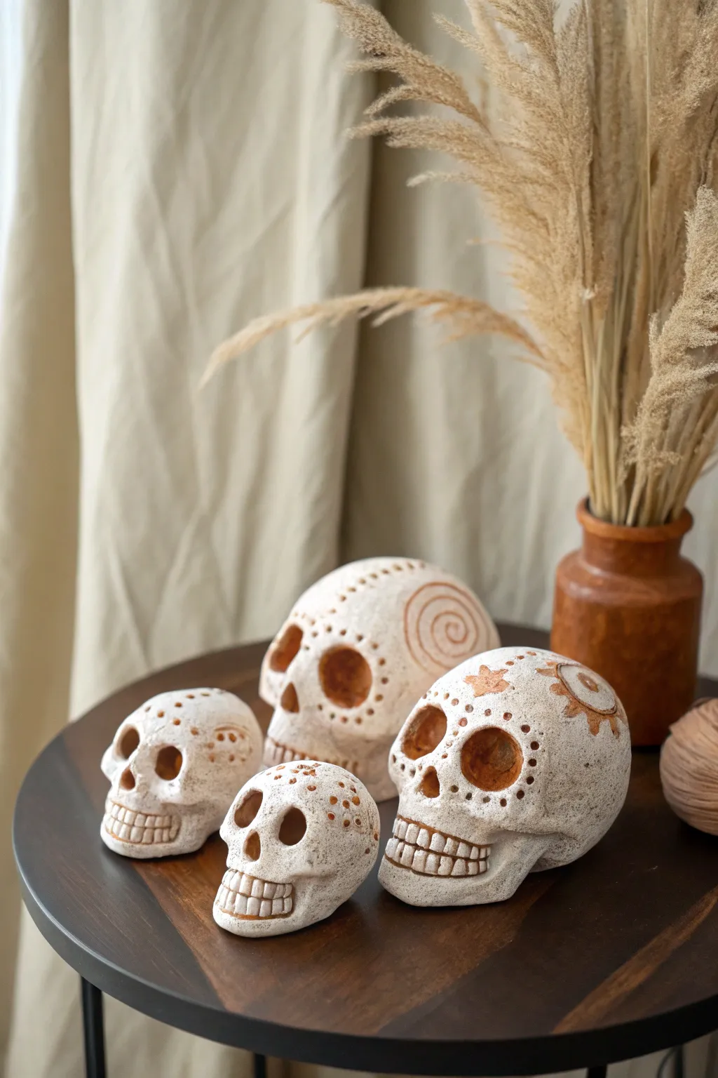 Coordinated clay skull family set in warm minimalist styling, perfect for a cozy group display