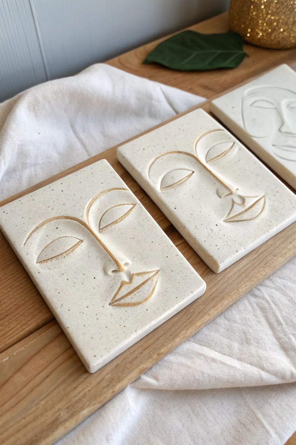 Three minimalist clay face-feature slab panels, a calm studio study in soft neutral tones.