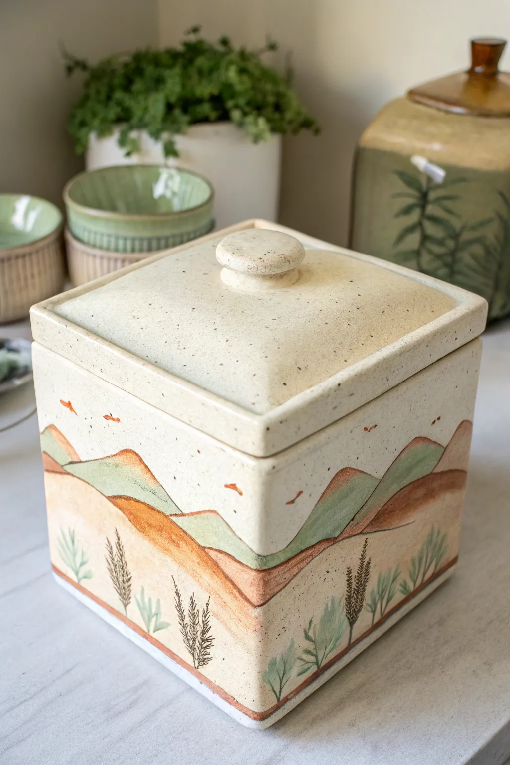 Mini slab box with a tiny raised landscape lid, simple shapes, calm tones, big charm.
